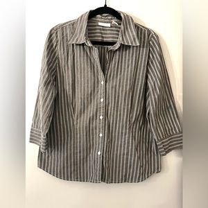 Beautiful Vertical Striped Blouse KIM ROGERS 3/4 sleeve gray and white Size XL